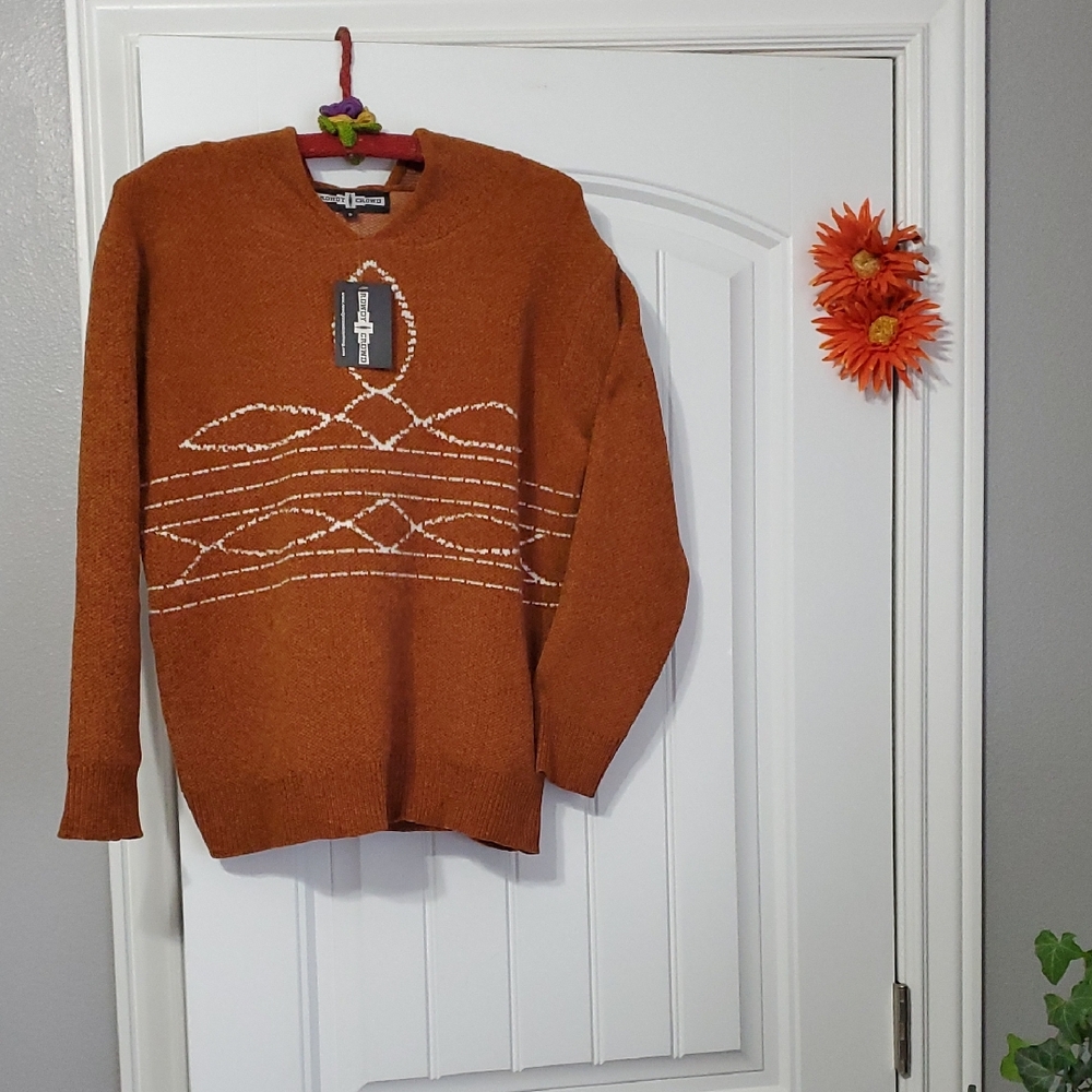 Western Boot Stitch Woman's V-Neck Hoodie Sweater in Warm Rust